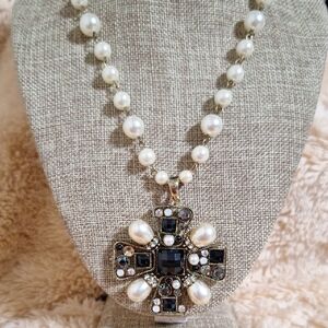 Elegant Pearl and Black Stone Necklace